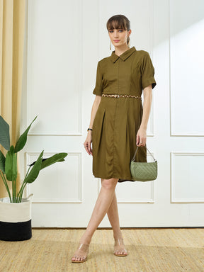 Latin Quarters Women's Green Half Sleeves Collar Neck Casual Solid Dress