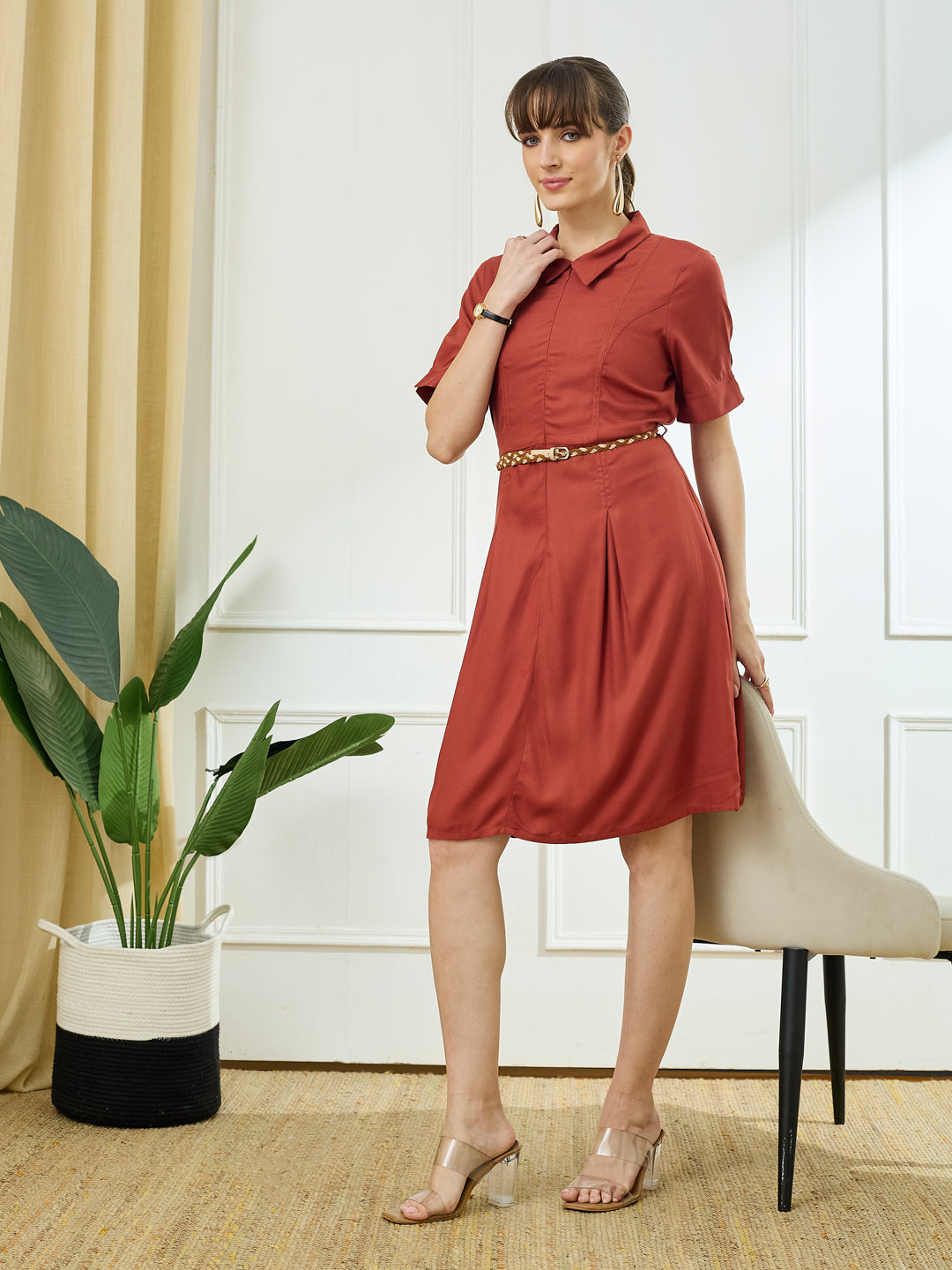 Latin Quarters Women's Maroon Half Sleeves Collar Neck Casual Solid Dress