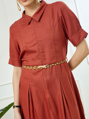 Latin Quarters Women's Maroon Half Sleeves Collar Neck Casual Solid Dress