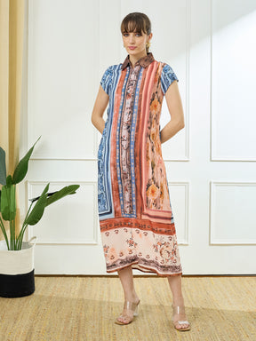 Latin Quarters Women's Rust Cap Sleeves Collar Neck Casual Printed Dress