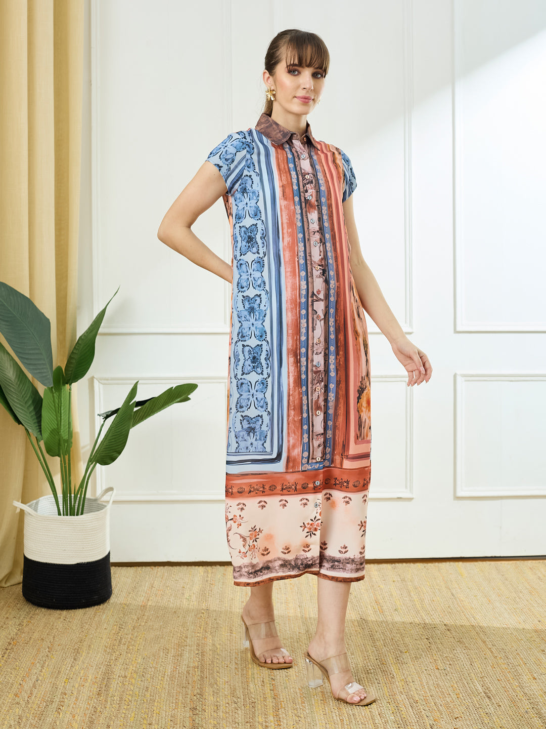 Latin Quarters Women's Rust Cap Sleeves Collar Neck Casual Printed Dress