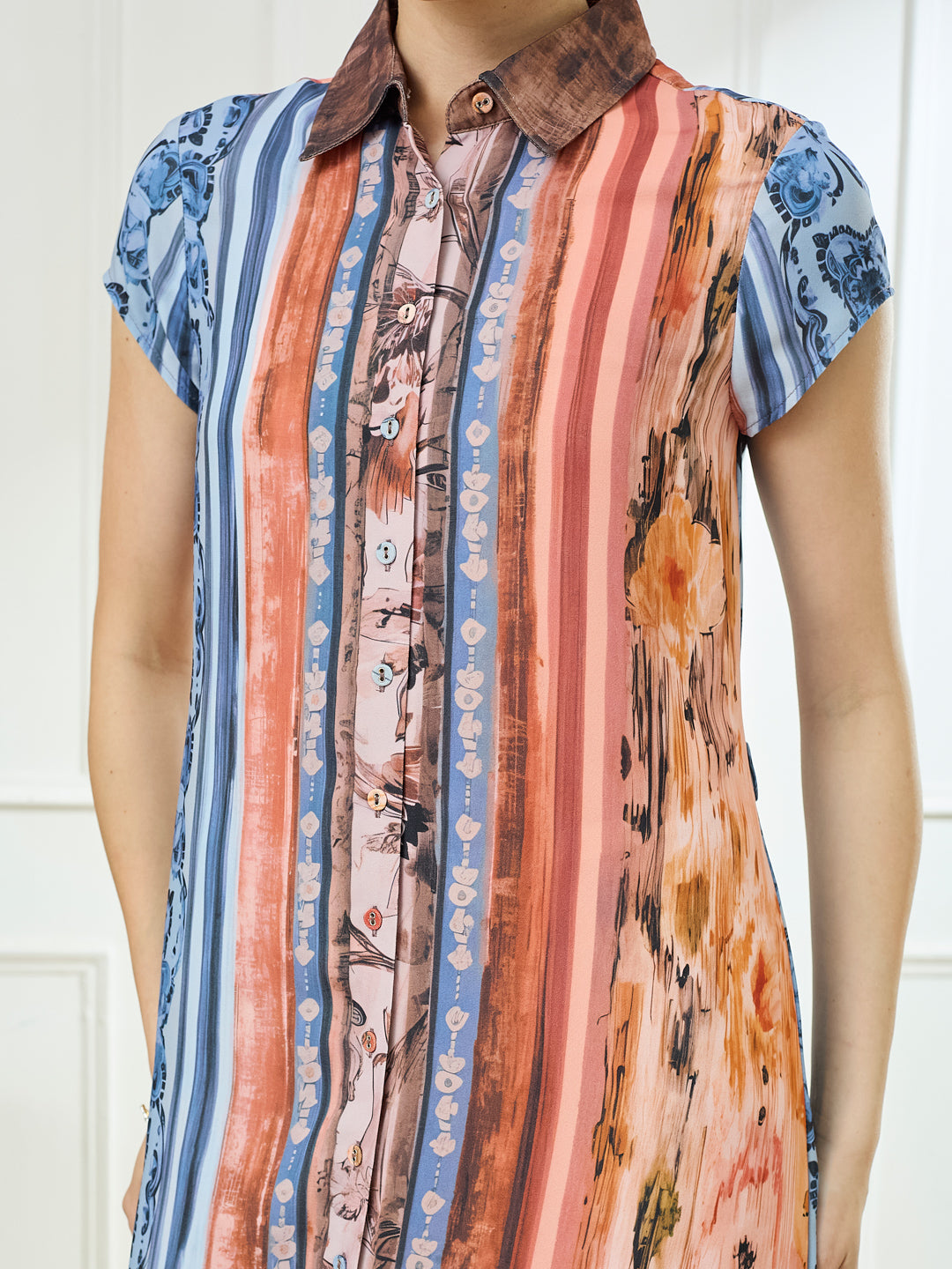 Latin Quarters Women's Rust Cap Sleeves Collar Neck Casual Printed Dress
