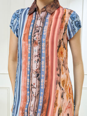 Latin Quarters Women's Rust Cap Sleeves Collar Neck Casual Printed Dress
