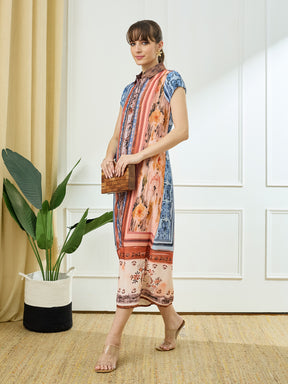 Latin Quarters Women's Rust Cap Sleeves Collar Neck Casual Printed Dress