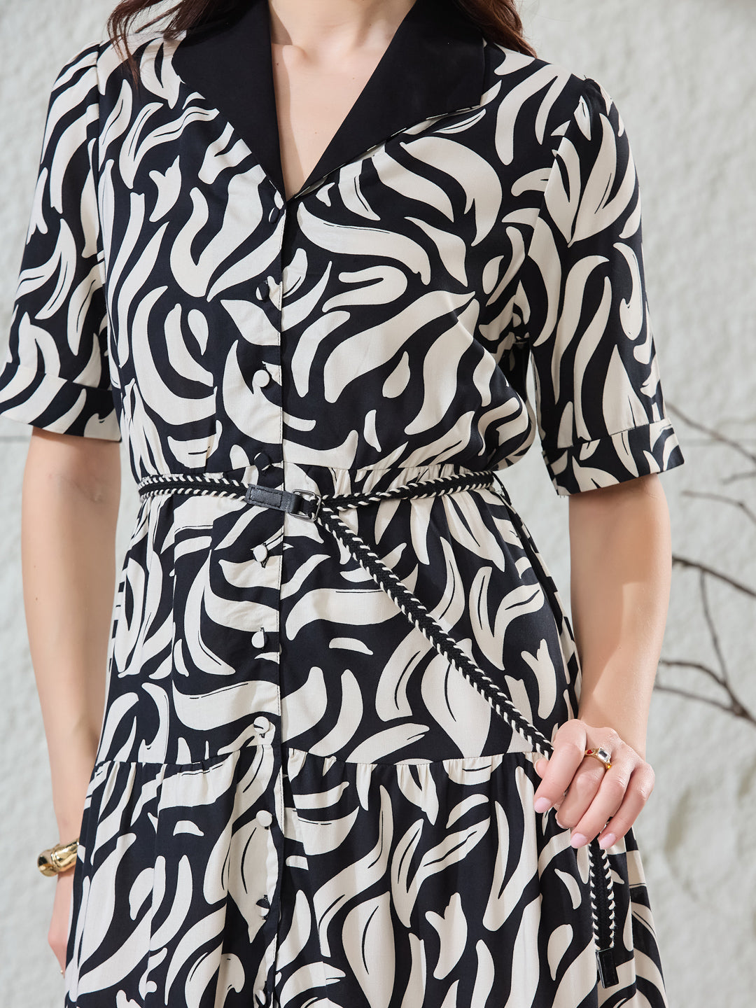 Latin Quarters Women's Black Printed Half Sleeves Collared Casual Shirt Dress