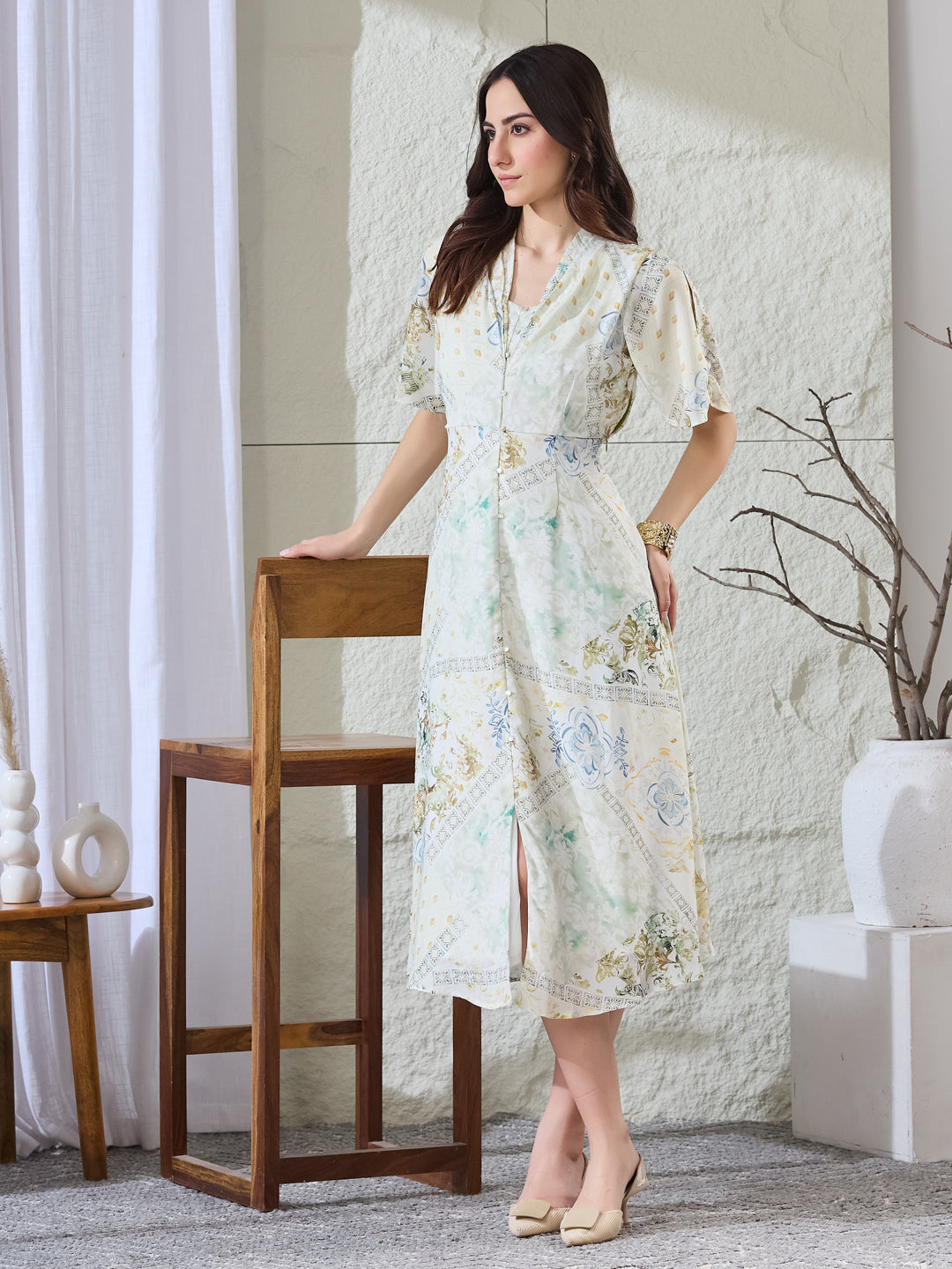 Latin Quarters Women's White Printed Half Sleeves V-Neck Casual A-Line Dress