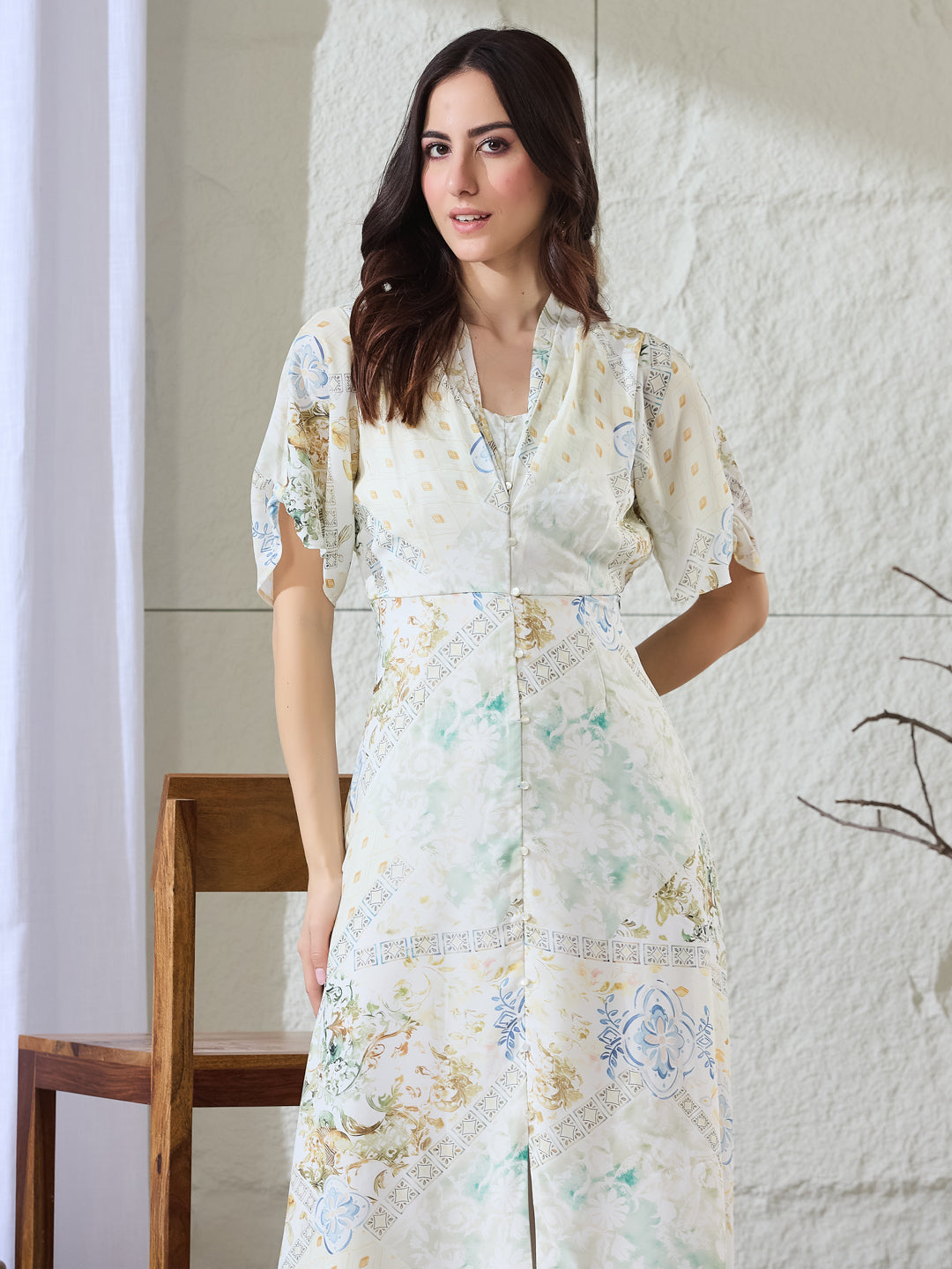 Latin Quarters Women's White Printed Half Sleeves V-Neck Casual A-Line Dress