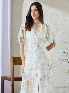 Latin Quarters Women's White Printed Half Sleeves V-Neck Casual A-Line Dress