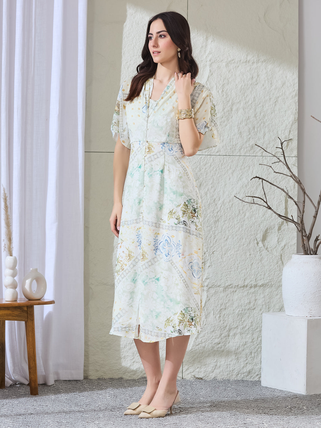 Latin Quarters Women's White Printed Half Sleeves V-Neck Casual A-Line Dress