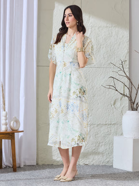 Latin Quarters Women's White Printed Half Sleeves V-Neck Casual A-Line Dress
