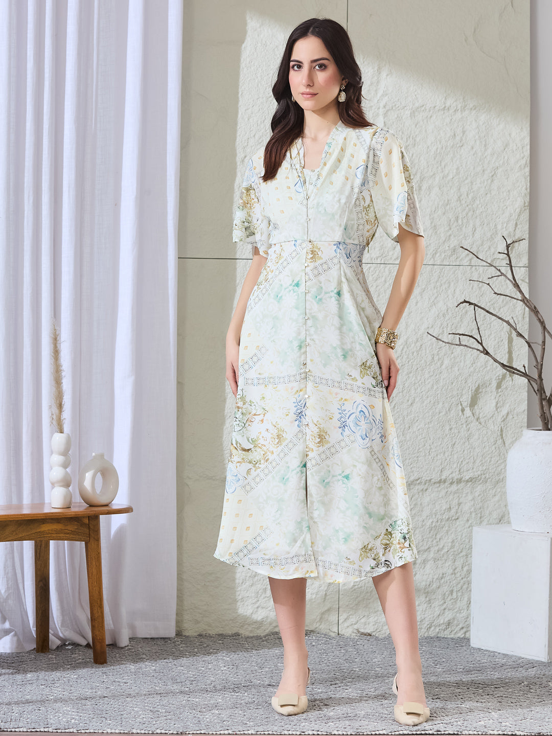 Latin Quarters Women's White Printed Half Sleeves V-Neck Casual A-Line Dress