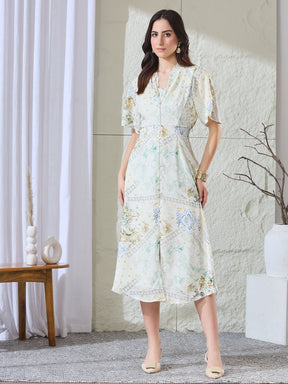 Latin Quarters Women's White Printed Half Sleeves V-Neck Casual A-Line Dress