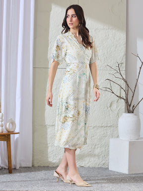Latin Quarters Women's White Printed Half Sleeves V-Neck Casual A-Line Dress