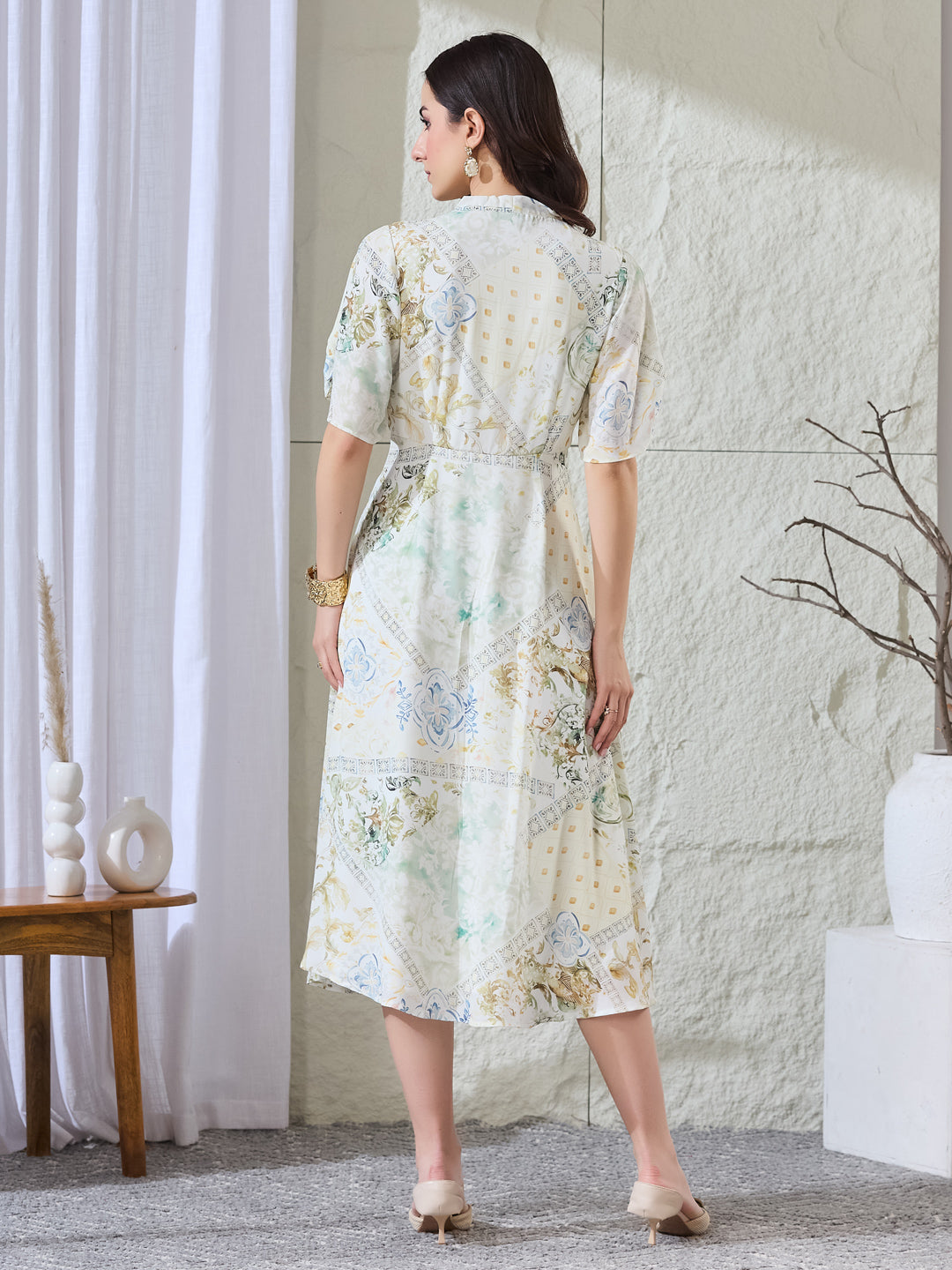 Latin Quarters Women's White Printed Half Sleeves V-Neck Casual A-Line Dress