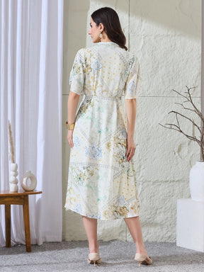 Latin Quarters Women's White Printed Half Sleeves V-Neck Casual A-Line Dress