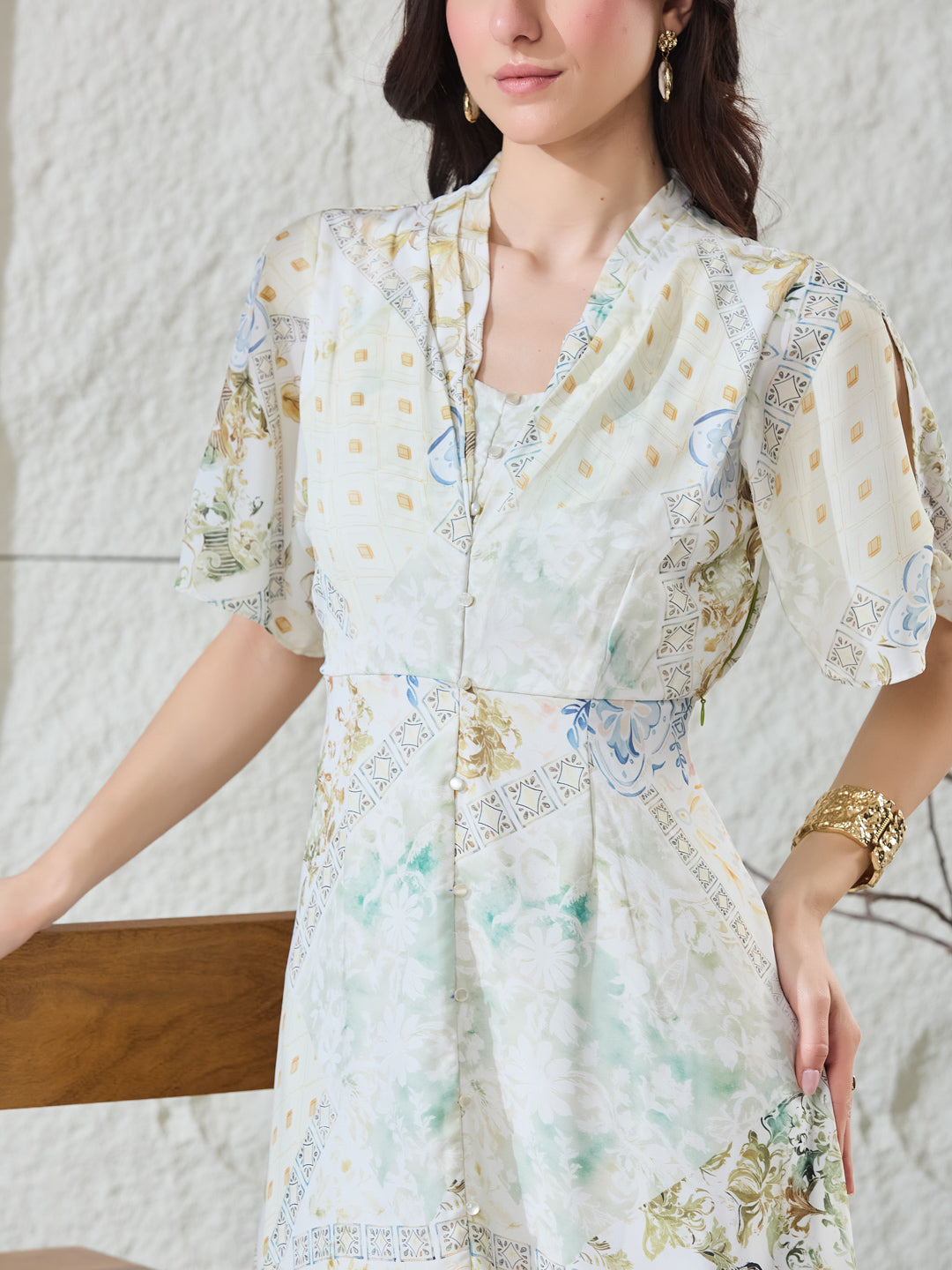 Latin Quarters Women's White Printed Half Sleeves V-Neck Casual A-Line Dress