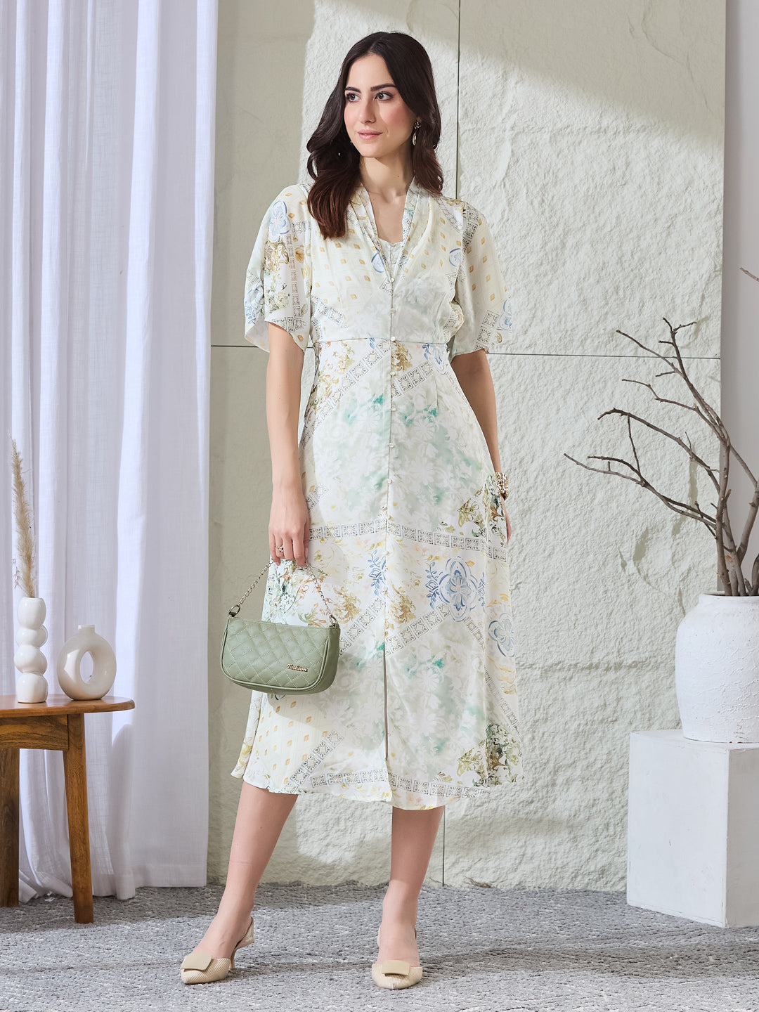 Latin Quarters Women's White Printed Half Sleeves V-Neck Casual A-Line Dress