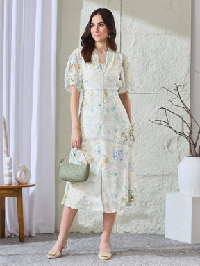 Latin Quarters Women's White Printed Half Sleeves V-Neck Casual A-Line Dress