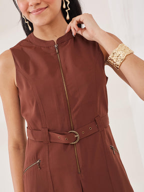 Latin Quarters Women's Brown Solid Sleeveless Mandarin Neck Casual A-Line Dress