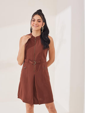 Latin Quarters Women's Brown Solid Sleeveless Mandarin Neck Casual A-Line Dress
