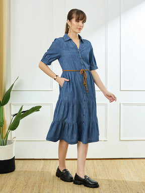 Latin Quarters Women's Blue Half Sleeves Collar Neck Casual Solid Dress