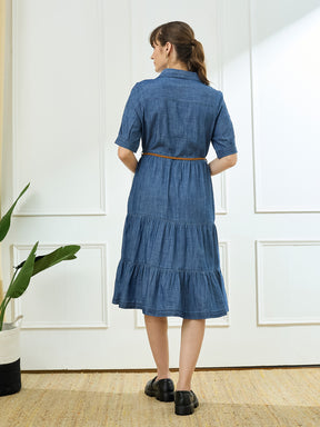 Latin Quarters Women's Blue Half Sleeves Collar Neck Casual Solid Dress