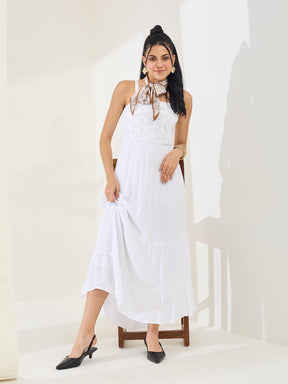 Latin Quarters Women's White Solid Strappy Square Neck Casual Fit & Flared Dress