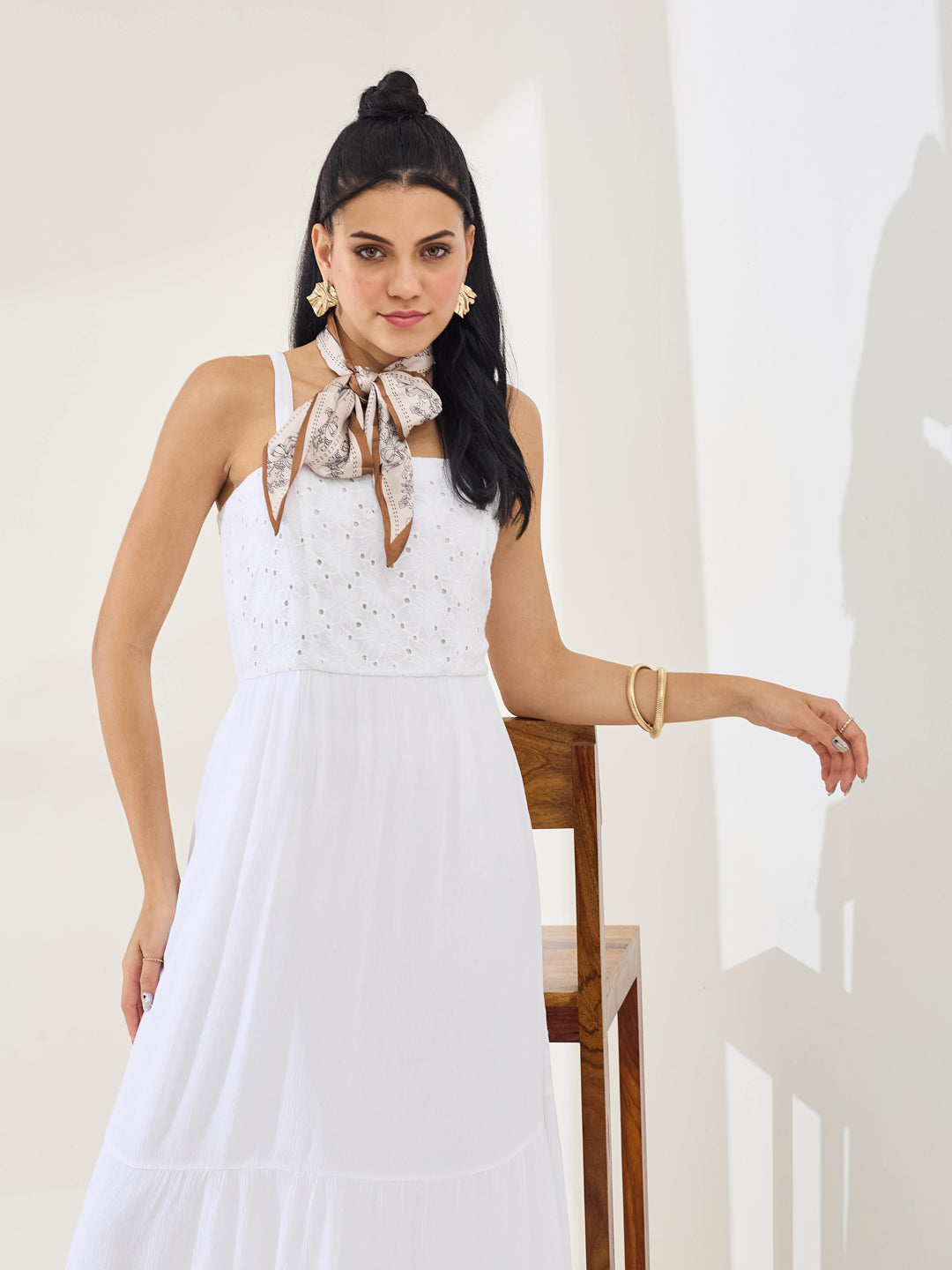 Latin Quarters Women's White Solid Strappy Square Neck Casual Fit & Flared Dress