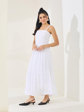 Latin Quarters Women's White Solid Strappy Square Neck Casual Fit & Flared Dress