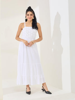 Latin Quarters Women's White Solid Strappy Square Neck Casual Fit & Flared Dress