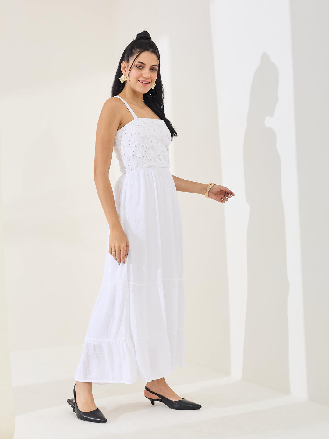 Latin Quarters Women's White Solid Strappy Square Neck Casual Fit & Flared Dress
