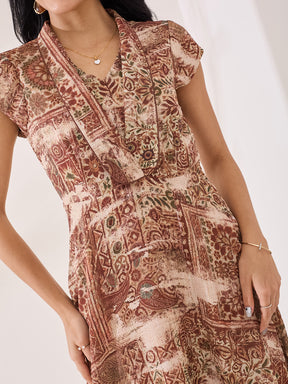 Latin Quarters Women's Rust Printed Cap Sleeve V-Neck Casual A-Line Dress