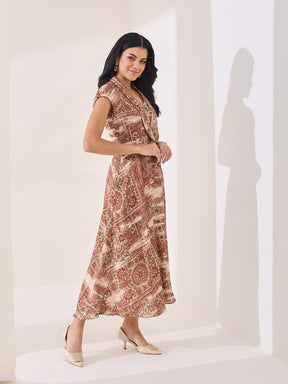 Latin Quarters Women's Rust Printed Cap Sleeve V-Neck Casual A-Line Dress