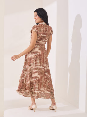 Latin Quarters Women's Rust Printed Cap Sleeve V-Neck Casual A-Line Dress