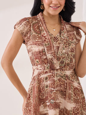 Latin Quarters Women's Rust Printed Cap Sleeve V-Neck Casual A-Line Dress