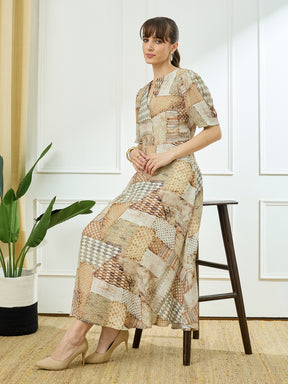 Latin Quarters Women's Beige Half Sleeves Round Neck Casual Printed Dress