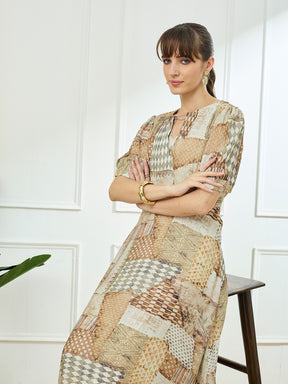 Latin Quarters Women's Beige Half Sleeves Round Neck Casual Printed Dress
