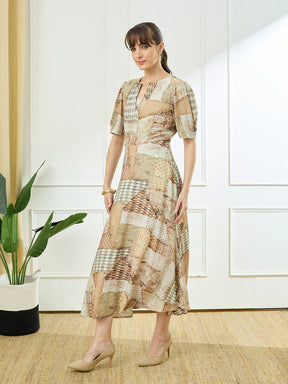 Latin Quarters Women's Beige Half Sleeves Round Neck Casual Printed Dress