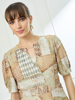 Latin Quarters Women's Beige Half Sleeves Round Neck Casual Printed Dress