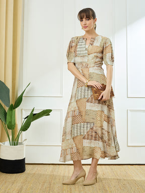 Latin Quarters Women's Beige Half Sleeves Round Neck Casual Printed Dress