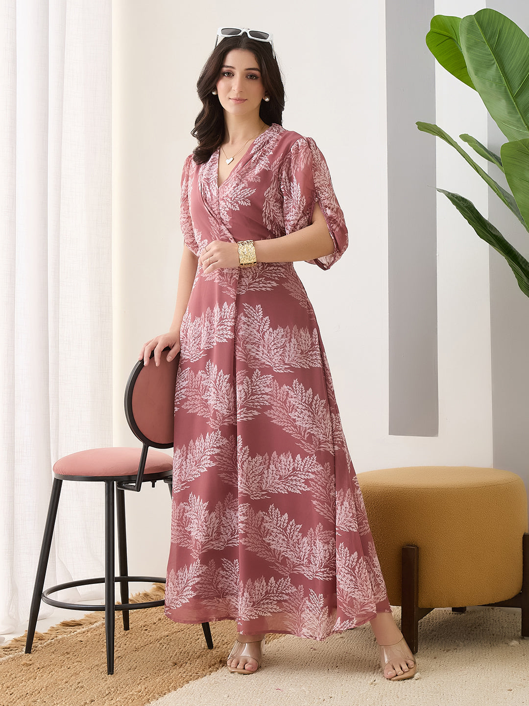 Latin Quarters Women Pink Printed Half Sleeves V-Neck Casual Maxi Dress