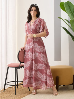 Latin Quarters Women Pink Printed Half Sleeves V-Neck Casual Maxi Dress