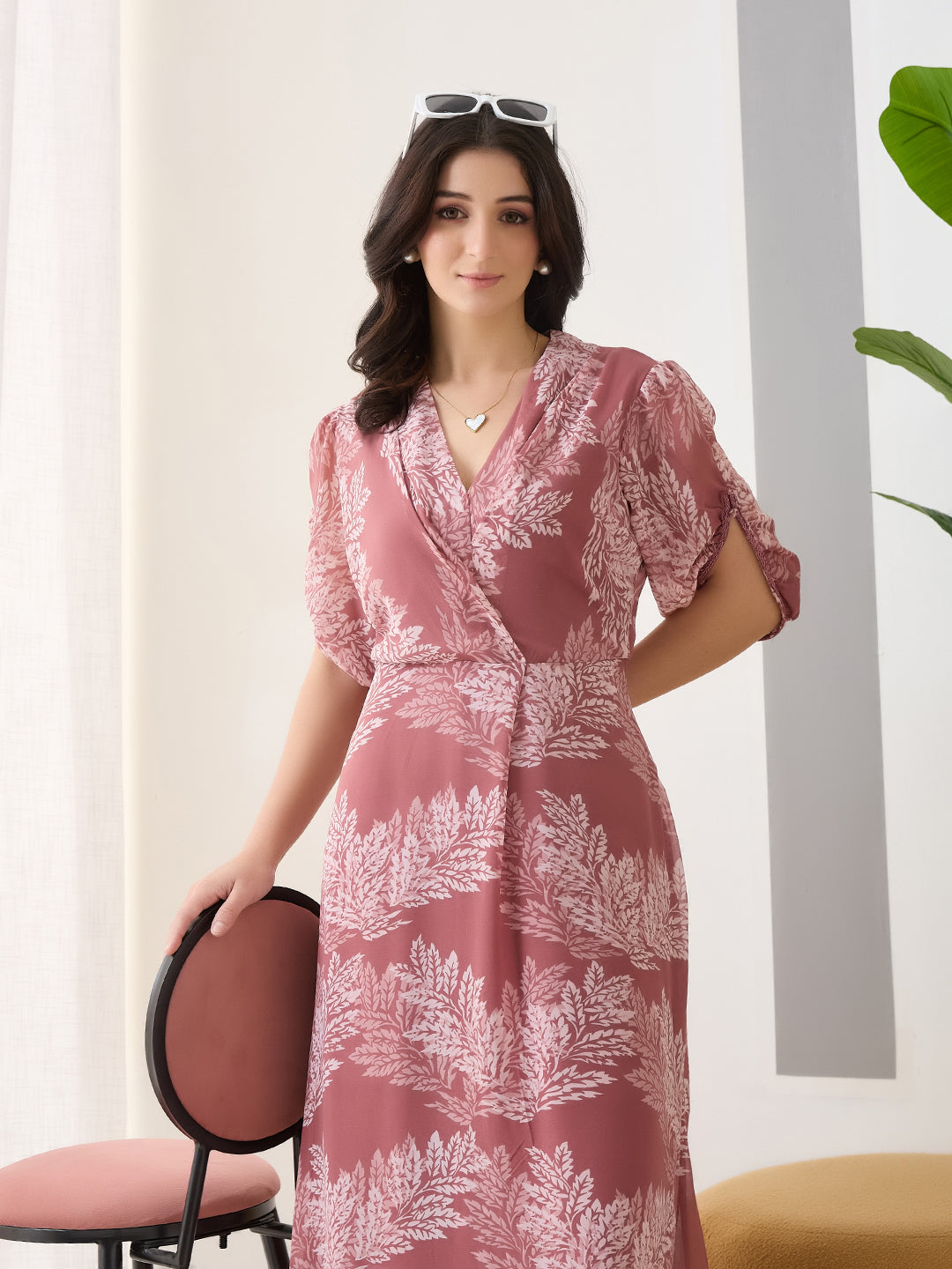 Latin Quarters Women Pink Printed Half Sleeves V-Neck Casual Maxi Dress