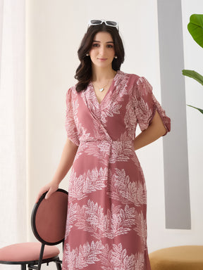 Latin Quarters Women Pink Printed Half Sleeves V-Neck Casual Maxi Dress
