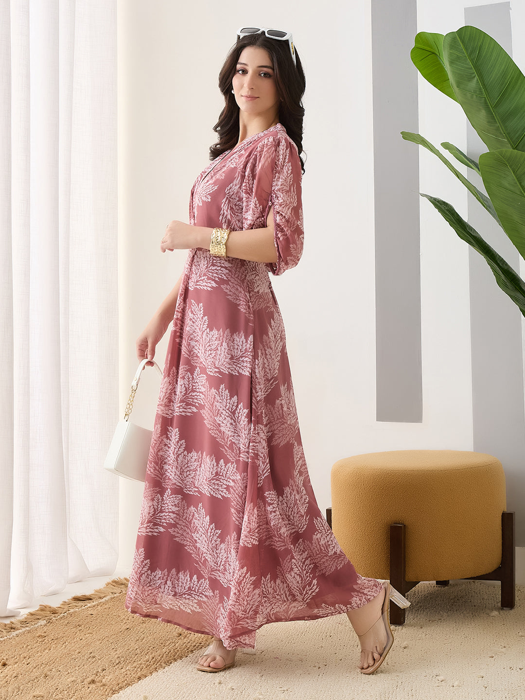 Latin Quarters Women Pink Printed Half Sleeves V-Neck Casual Maxi Dress