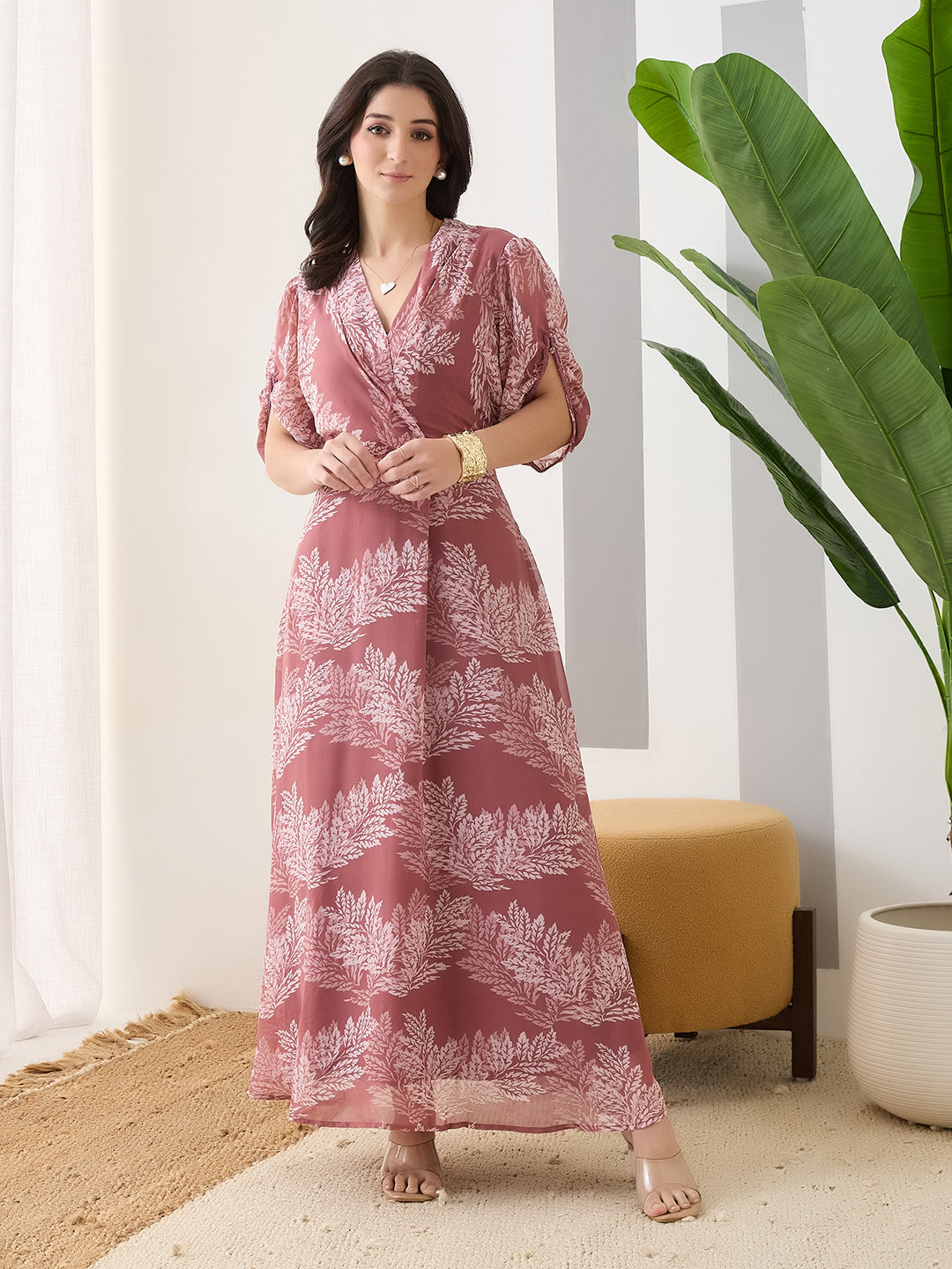 Latin Quarters Women Pink Printed Half Sleeves V-Neck Casual Maxi Dress