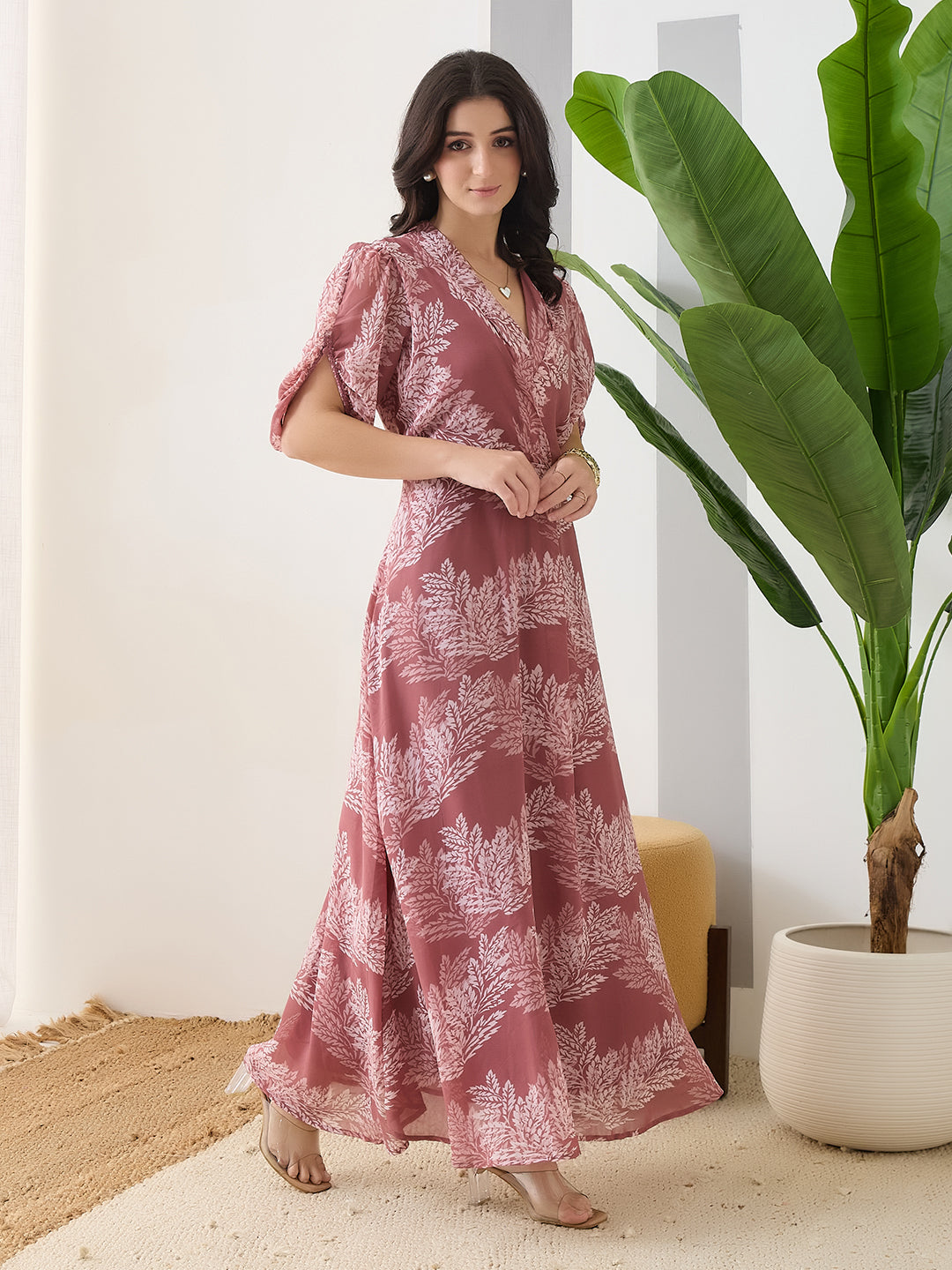 Latin Quarters Women Pink Printed Half Sleeves V-Neck Casual Maxi Dress