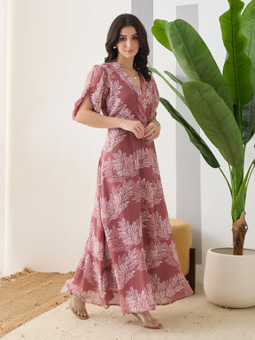 Latin Quarters Women Pink Printed Half Sleeves V-Neck Casual Maxi Dress