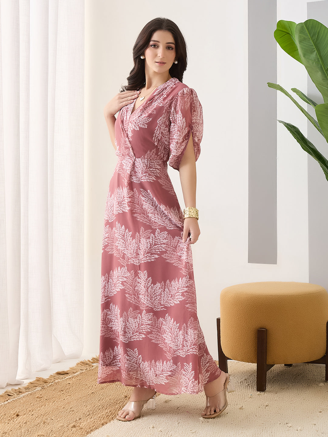 Latin Quarters Women Pink Printed Half Sleeves V-Neck Casual Maxi Dress