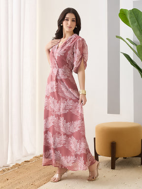 Latin Quarters Women Pink Printed Half Sleeves V-Neck Casual Maxi Dress